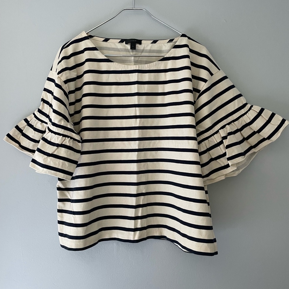 JCrew cotton navy striped top ruffle sleeve shirt size XL